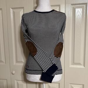 LAUREN RALPH LAUREN Blue/White Striped Elbow Patch Long-Sleeve Top Size Small